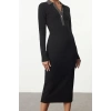 Fashion Style Slim Button-Down Collar Midi Length Color Block Bodycone Fitted Snap Detail Knit Dress