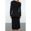 Moda Stil Slim Asimetrik Yaka Midi Boy Fitted Vücuda Oturan Örme Elbise