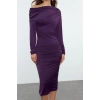 Moda Stil Slim Asimetrik Yaka Midi Boy Fitted Vücuda Oturan Örme Elbise