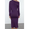 Moda Stil Slim Asimetrik Yaka Midi Boy Fitted Vücuda Oturan Örme Elbise