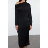 Moda Stil Slim Asimetrik Yaka Midi Boy Fitted Vücuda Oturan Örme Elbise