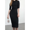 Moda Stil Slim Dik Yaka Midi Boy Taş Detaylı Truvakar Kol Bodycone Vücuda Oturan Örme Elbise