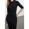 Moda Stil Slim Dik Yaka Midi Boy Taş Detaylı Truvakar Kol Bodycone Vücuda Oturan Örme Elbise