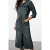 Moda Stil Denim Ceket Yaka Midi Boy Gömlek Elbise