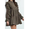 Fashion Style Regular Shirt Collar Mini Length Plain Lace Detailed Woven Dress