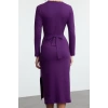 Moda Stil Slim Bisiklet Yaka Midi Boy %100 Pamuk Bağlama Detaylı Vücuda Oturan Örme Elbise