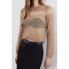 Stil Modern Kadın Regular Standart Kol Bisiklet Yaka Crop Transparan Geçişli Simli Triko Kazak