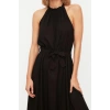 Moda Regular Casual Günlük Shally Dokuma Halter Yaka Kolsuz Kol A-Line Midi Boy Elbise