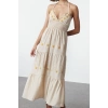 Moda Stil Regular V Yaka Midi Boy Çiçekli Dokuma Elbise