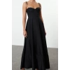 Fashion Style Regular Heart Neck Maxi Length Drape Detailed Woven Dress