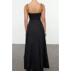 Fashion Style Regular Heart Neck Maxi Length Drape Detailed Woven Dress