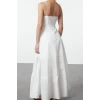 Fashion Style Regular Heart Neck Maxi Length Drape Detailed Woven Dress