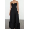 Fashion Style Regular Heart Neck Maxi Length Drape Detailed Woven Dress
