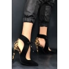 Şık Desenli Siyah İnce Topuklu Bilekten Bağlamalı Günlük Ve Gece Stiletto Ayakkabı