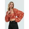 100% Viskoz Yazlık Crop Bluz Çok Çiçek Desenli Balon Kollu Fitted Özel Tasarım