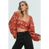 100% Viskoz Yazlık Crop Bluz Çok Çiçek Desenli Balon Kollu Fitted Özel Tasarım