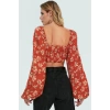 100% Viskoz Yazlık Crop Bluz Çok Çiçek Desenli Balon Kollu Fitted Özel Tasarım