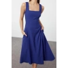 New Regular Day Night Finike Woven Square Neck Strappy Sleeve Skater Midi Length Dress