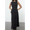 Fashion Style Fitted Crew Neck Long Hijab Belted Front Detailed Sleeveless Woven Vest Dress