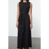 Fashion Style Fitted Crew Neck Long Hijab Belted Front Detailed Sleeveless Woven Vest Dress