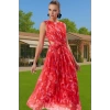 A Kesim Çiçek Desenli Tül Abiye Elbise Belden Açılan Etek Detaylı Şık Görünüm Modern Stil