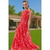 A Kesim Çiçek Desenli Tül Abiye Elbise Belden Açılan Etek Detaylı Şık Görünüm Modern Stil