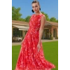 A Kesim Çiçek Desenli Tül Abiye Elbise Belden Açılan Etek Detaylı Şık Görünüm Modern Stil