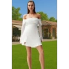 A Kesim İncili Uzun Kollu Dokuma Mini Elbise Düğün Nikah Mezuniyet Rahat Kullanım Seçkin Malzeme