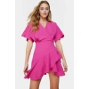 Aerobin Dokuma Mini Elbise Kruvaze Kesim V Yaka Kısa Kollu Trend Tasarım Modern Stil
