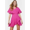 Aerobin Dokuma Mini Elbise Kruvaze Kesim V Yaka Kısa Kollu Trend Tasarım Modern Stil