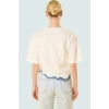 Asimetrik Crop Bluz %100 Pamuk Renk Bloklu Desen Bisiklet Yaka Kısa Kol Trend Tasarım