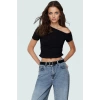 Asimetrik Yaka Basic Crop Bluz Örme Pamuklu Kumaş Yazlık Günlük Kombin Trend Tasarım