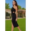 Asimetrik Yaka Midi Örme Elbise Cut Out Detay Vücudu Saran Konforlu Kesim Modern Stil Rahat Kullanım