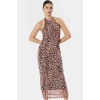 Astarlı Leopar Desenli Bodycon Maxi Elbise Şık ve Rahat Tasarım Boyundan Bağlamalı Yaka