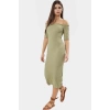 Bodycon Midi Elbise Carmen Yaka Renk Gofre Dokuma Örme Kumaş Uzun Ömürlü Rahat Ve Şık