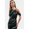 Bodycon Midi Tül Elbise Şık Asimetrik Yaka ve Çiçek Desen Uzun Ömürlü Özenle Seçilmiş