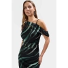 Bodycon Midi Tül Elbise Şık Asimetrik Yaka ve Çiçek Desen Uzun Ömürlü Özenle Seçilmiş