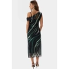 Bodycon Midi Tül Elbise Şık Asimetrik Yaka ve Çiçek Desen Uzun Ömürlü Özenle Seçilmiş