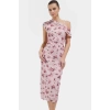 Bodycon Midi Tül Elbise Şık Asimetrik Yaka ve Çiçek Desen Uzun Ömürlü Özenle Seçilmiş