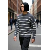 Casual Erkek Kalın Triko Dokulu Bisiklet Yaka Çizgili Oversize Selanik Kışlık Kazak Modeli