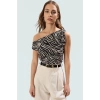 Çiçek Desenli Astarlı Polyester Bluz Asimetrik Yaka Kısa Kol Yazlık Örme Dayanıklı Malzeme