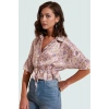 Çiçek Desenli Saten Bluz; Kadın Crop Düğmeli; 100% Polyester Dayanıklı Malzeme Şık Görünüm