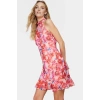 Çiçekli A line Şifon Elbise Halter Yaka Mini Boy Astarlı Konforlu Kesim Modern Stil