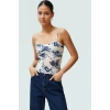 Çiçekli Crop Bluz Polyester Örme Kumaş Kalp Yaka İnce Askılı Yazlık Zarifane Tasarım