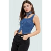 Denim Crop Bluz Fitted Kalıp Kare Yaka Yazlık Özel Tasarım Modern Stil Şık Görünüm