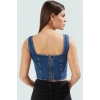 Denim Crop Bluz Fitted Kalıp Kare Yaka Yazlık Özel Tasarım Modern Stil Şık Görünüm