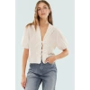 Dokuma Crinkle Bluz V Yaka Önü Bağlamalı Yazlık Modern Stil Dayanıklı Malzeme
