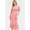 Dokuma Polyester Midi Elbise Belden Açılan Etek Çiçek Desenli Carmen Yaka Günlük Kullanım İçin