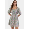 Dokuma Polyester Mini Elbise Çiçekli Desen Belden Kalp Yaka Yaz Şık Görünüm Modern Stil