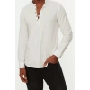 Erkek Moda Uzun Kol Dokuma Koyu Yeşil Slim Fit Yarım Patlı Hakim Yaka %100 Pamuklu Gömlek